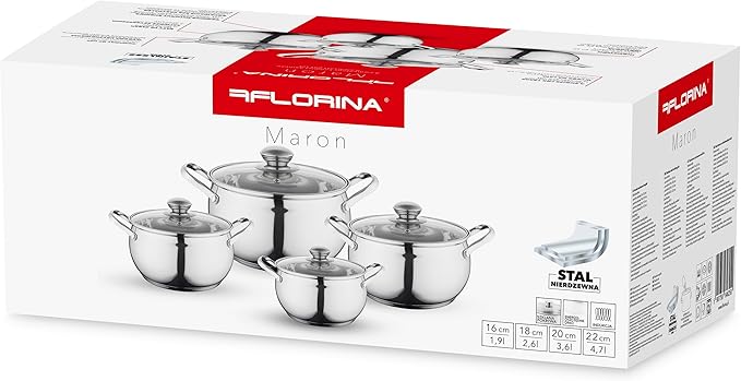 FLORINA Maron Cooking Pot Set 8-Piece Pot Set Made of High-Quality Stainless Steel Cooking Pots with Glass Lid and Measuring Cup Dishwasher Safe Ideal for Induction Hobs Gas Hobs Electric Hobs