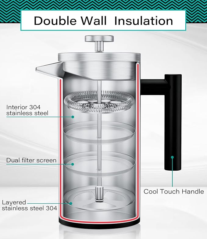 Coffee Gator 304 Grade Stainless Steel French Press Coffee Maker 34 oz Double Wall Insulated Hot Cold Brew Teapot with 4-Level Filtration System Include Travel Jar Canister Rust-Free Travel Black