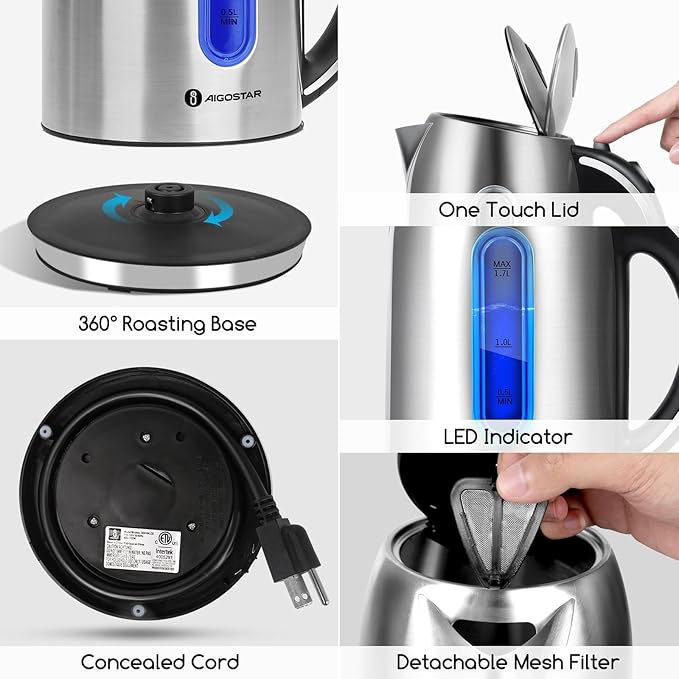 Aigostar Toaster 2 Slice Retro Extra-Wide Slot Toasters Best Rated and Electric Kettle 1.7L Electric Tea Kettle with LED Illumination