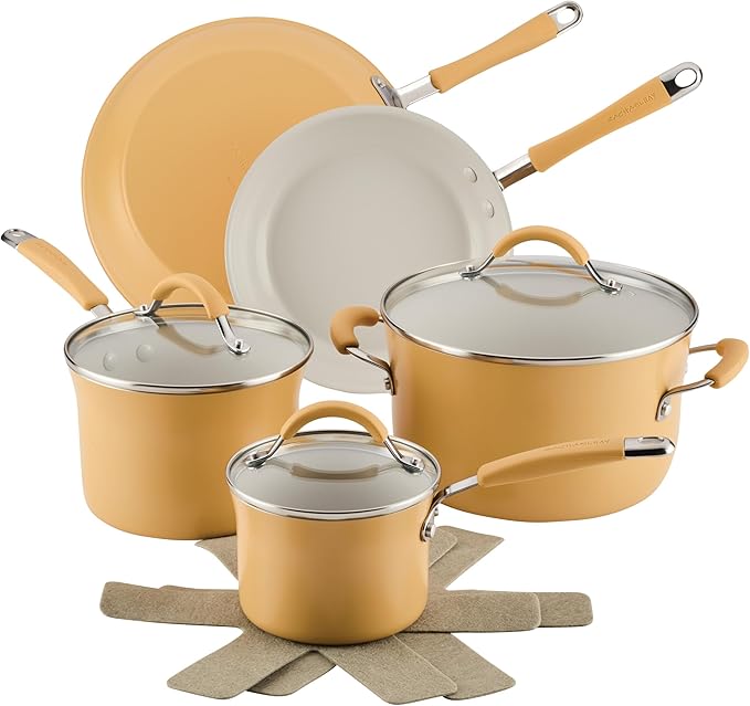 Rachael Ray Cucina Ceramic Nonstick Pots and Pans Set with Saucepans Frying Pans Stockpot Lids and Pan Protectors 10 Piece Non Stick Cookware Set Dishwasher Safe - Turmeric Yellow