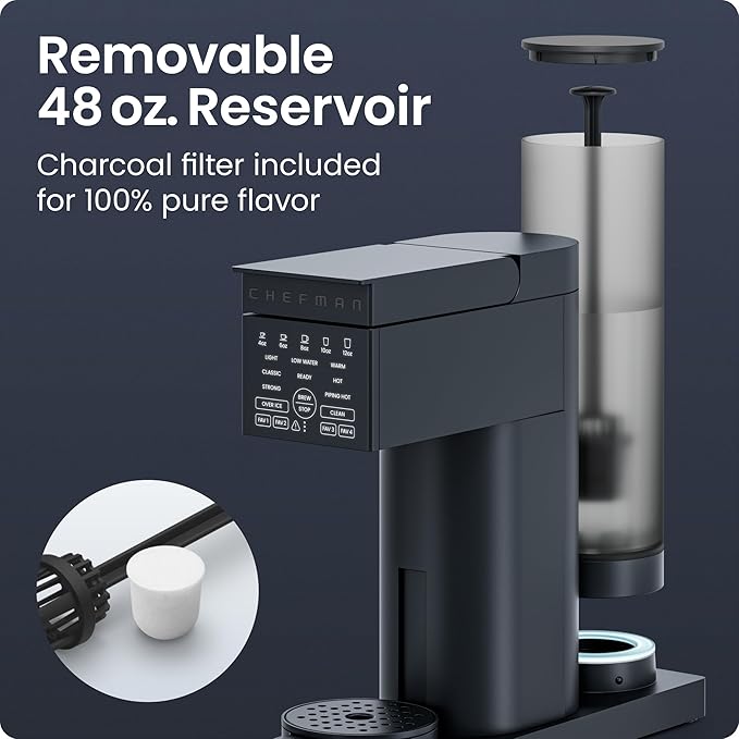 Chefman Caffeinator Single Serve Coffee Maker Brew Kcups &amp Grounds Drip Coffee Machine with Brew Strength Settings Iced Coffee Function 48 oz. Removable Water Reservoir