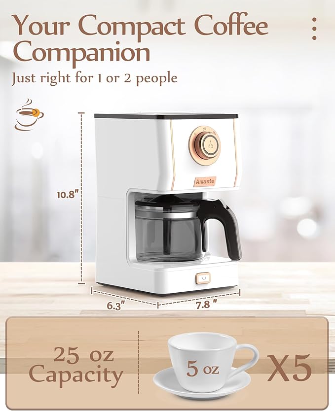 Amaste Retro Style Coffee Machine with 25 Oz Glass Coffee Pot Reusable Coffee Filter &amp Three Brewing Modes Warming Plate Elegant White with Rose Gold