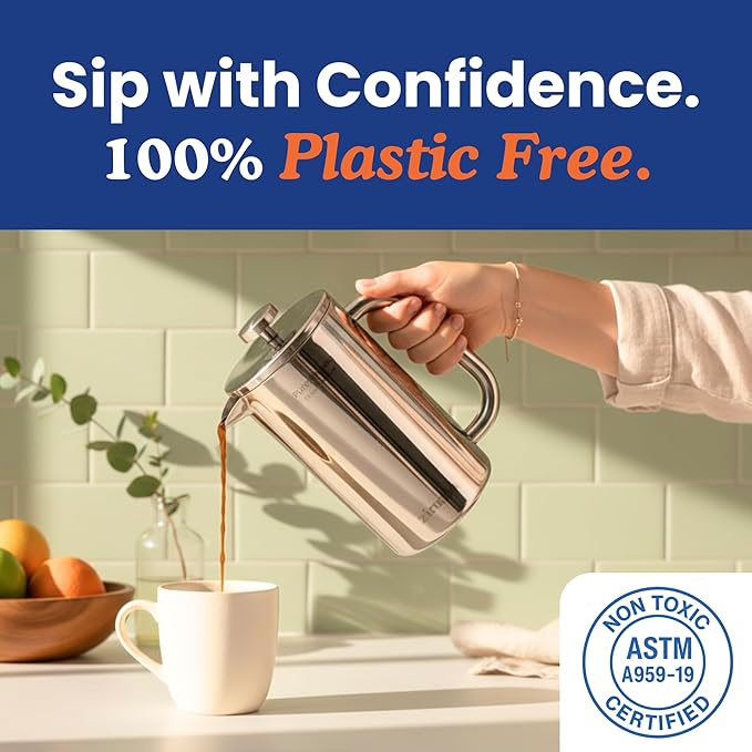 Ziruma Non-Toxic French Press Surgical Stainless Steel Coffee Press Plastic-Free Heavy Metal-Free No Endocrine Disruptors 34 Oz Double Wall 4-Layer Filter Portable Coffee Maker