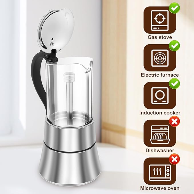 Stovetop Espresso Maker Stovetop Coffee Makers 120ml/4oz Induction Moka Pot Clear Glass Top Stainless Steel Portable Stovetop Espresso and Coffee Maker for Coffee Home