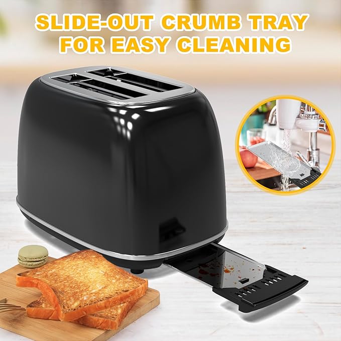 Toaster 2 sliceRetro Stainless Steel Toaster with 6 Settings 1.5 In Extra Wide Slots Bagel/Defrost/Cancel Function Removable Crumb Tray (Dark)