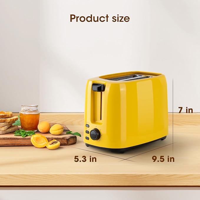 iSiLER 2 Slice Toaster 1.3 Inches Wide Slot for Bagels and Special Breads 7 Browning Settings and Double Side Baking Removable Crumb Tray Defrost Reheat Cancel Function Yellow