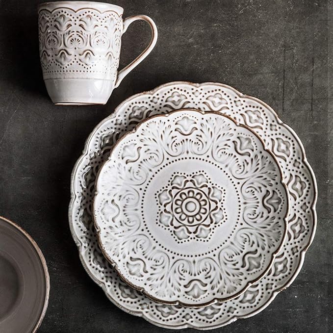 Dinner Plates Pottery Tableware 16-pcs Dinnerware Sets Ceramics Dinner Sets European Pastoral Style Complete Table Service Include Plates Bowls and Mugs Compatible