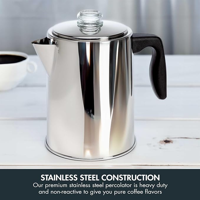 Primula Stovetop Coffee Percolator Premium Stainless Steel Coffee Maker with Reusable Filter Basket Non-Drip Spout Glass Knob Brew Indicator and Heat Resistant Handle Dishwasher Safe 8 Cup