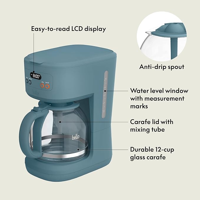 bella 12 Cup Programmable Coffee Marker Reusable Dishwasher Safe Accessories Easy LCD diaply Auto Shutoff 900 watt Surf