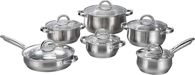 12-Piece Induction Ready Stainless Steel Cookware Sets with Glass Lid Silver on Cookware Sets Stainless Steel