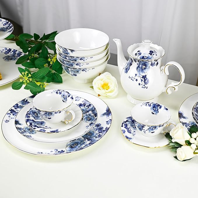 Fine Bone China Dinnerware Set for 4 12-Piece Blue and White Porcelain Dinnerware Set (Blue)