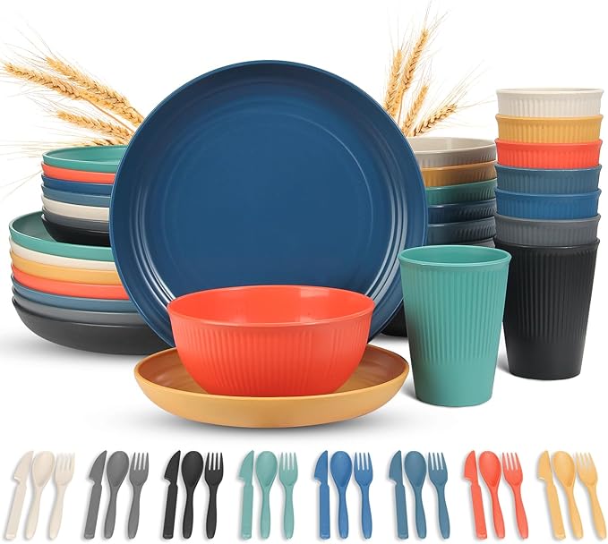 LAERJIN 56 Piece Wheat Straw Dinnerware SetsUnbreakable Reusable Dinnerware SetDishwasher &amp Microwave Safe Plates and Bowls Sets for Apartment Essentials Outdoor Camping Colourful
