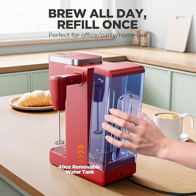 Single Serve Coffee Maker with Built-in Detachable Milk Frother Iced and Hot Coffee Machine for K Cup &amp Grounds 40oz Removable Water Reservoir 6 Cup Sizes Fits 7.3 Travel Mug Red