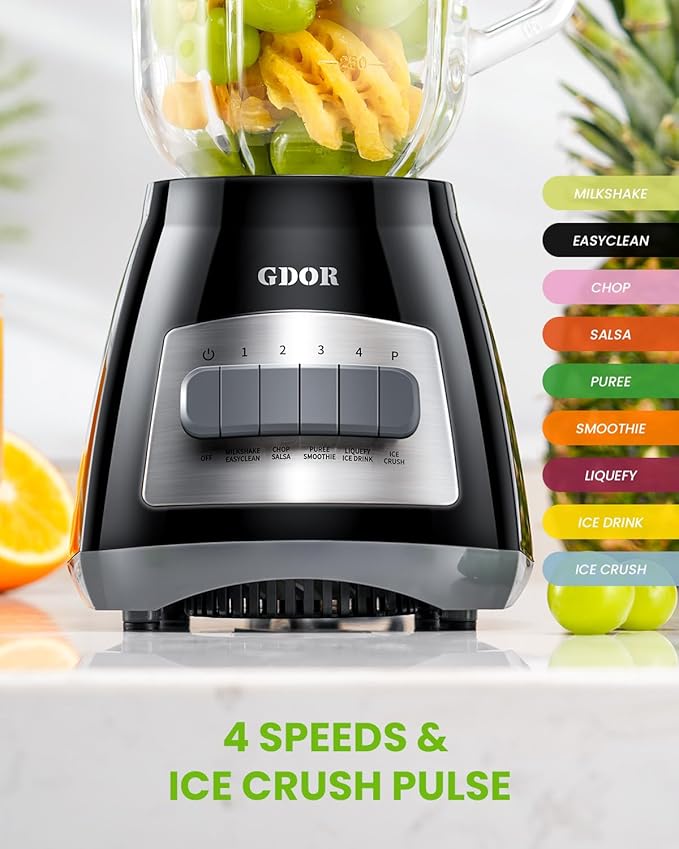 GDOR Blender 52 Oz Glass Jar Multi-Function Kitchen Blender &amp Grinder Combo 9 Functions with Shakes Puree Crush Ice and Chop Max 700W Self Cleaning