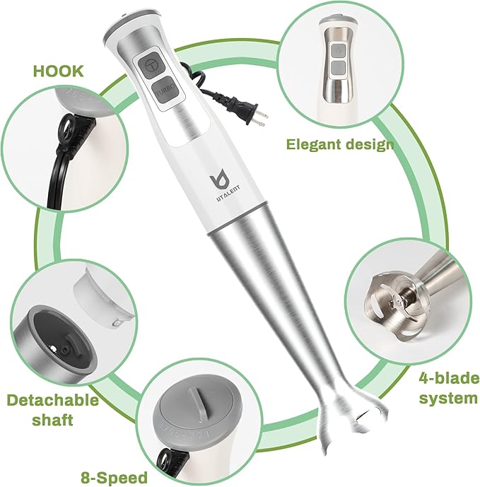 Immersion Hand Blender UTALENT 5-in-1 8-Speed Immersion Blender with 500ml Food Grinder 600ml ContainerMilk FrotherEgg WhiskPuree Infant Food Smoothies Sauces and Soups - White