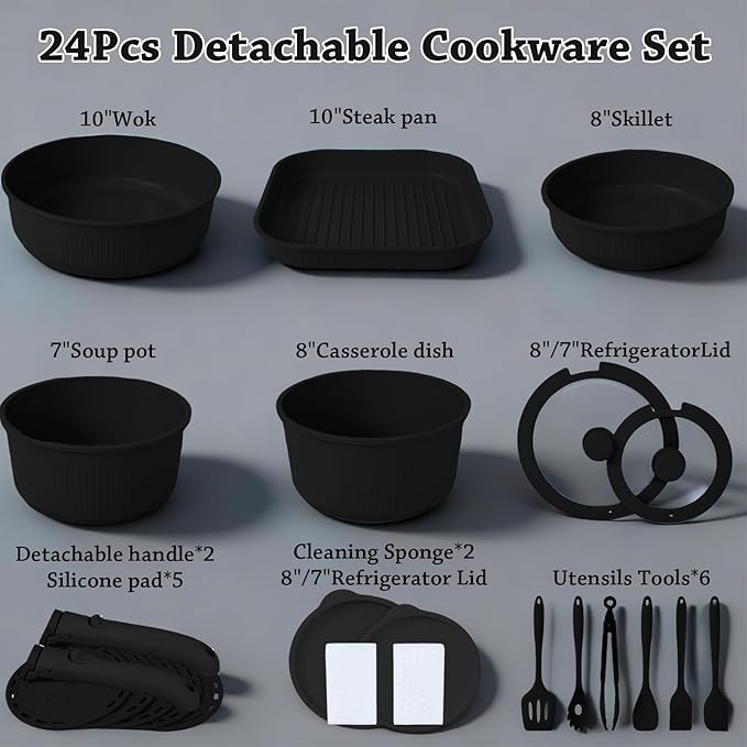 24 Pcs pots and pans setcookware set non stickpots and pans set Oven-safe and dishwasher-safePFAS/PFOA FreeInduction Dishwasher Oven Safe cookware set (Black)