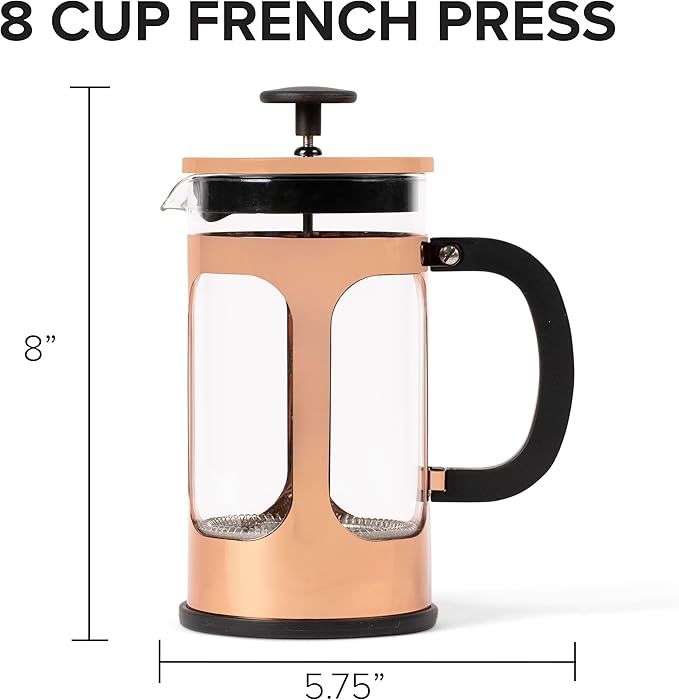 Farberware French Press Coffee Maker Tea &amp Espresso Maker Stainless Steel Cold Brew Press Heat-Resistant Borosilicate Glass BPA-Free Measuring Spoon Included 8 Cup Capacity (Rose Gold)