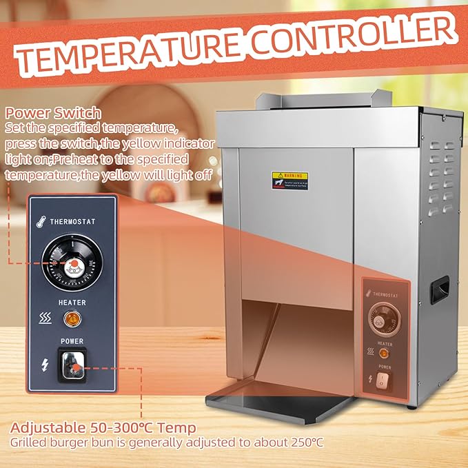 Hakka Commercial Burger Machine Vertical 2000W Chain Type Automatic Unlimited Electric Bun Toaster for Fast Food Restaurant Grilling Browning EGO 1400 Slices/Hour