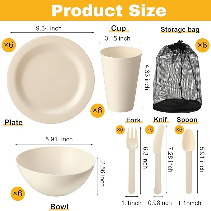 LemonRoad 6 Set College Dorm Dishes Essential Kit Plates and Bowls Back to School Beige Room Dishes Set with Storage Mesh Bag Cup Microwave Dinnerware Picnic for RV Camping