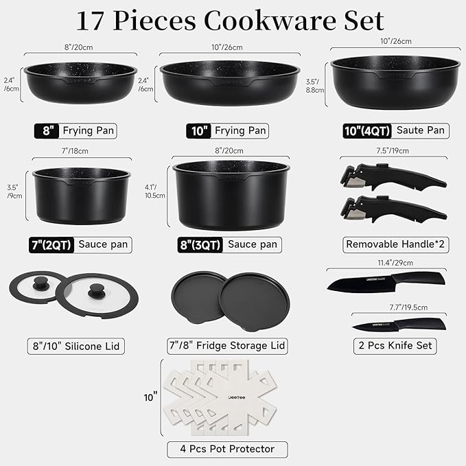 JEETEE Pots and Pans Set Non Stick 17pcs Kitchen Cookware Sets with Detachable Handle Induction Nonstick Cookware Set with Removable Handle Stackable RV Cookware Oven Safe PFAS/PFOA Free Black