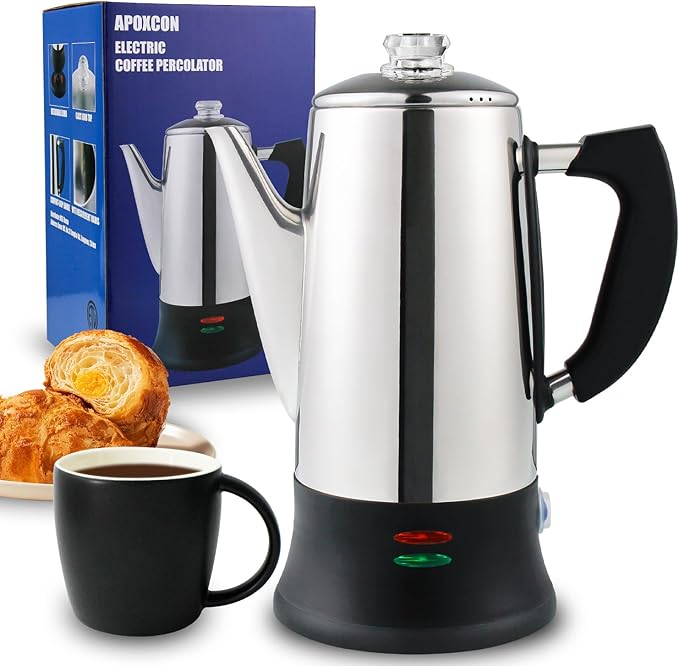 Electric Coffee Percolator Stainless Steel Coffee Maker with Heat Resistant Tough Glass Clear Brew Progress Knob Keep Warm &amp Cordless Serving Classic Coffee Pot with On/OFF Switch 12 Cup