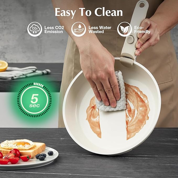 White Non-Stick Ceramic Cookware Set 5-Piece Pots and Pans Set with Detachable Handles Perfect for Everyday Cooking RV Camping and Compact Kitchens Induction Compatible PFOA &amp PTFE Free