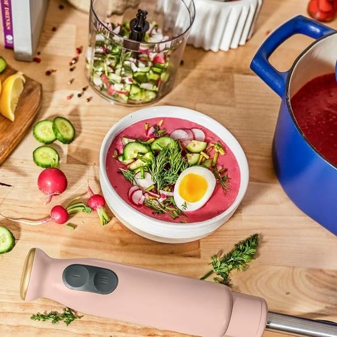 Cordless Hand Blender with 2-Cup Chopper Whisk &amp Large Measuring Cup Perfect for Cooking Smoothies Sauces Purees and Meal Prep (Rose)