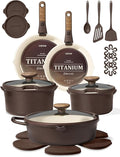 CAROTE 22Pcs Titanium Cookware Set Pots and Pans Set Non Stick Kitchen Cooking Set with Detachable Handle Non Toxic Induction Cookware Dishwasher/Oven Safe Browm