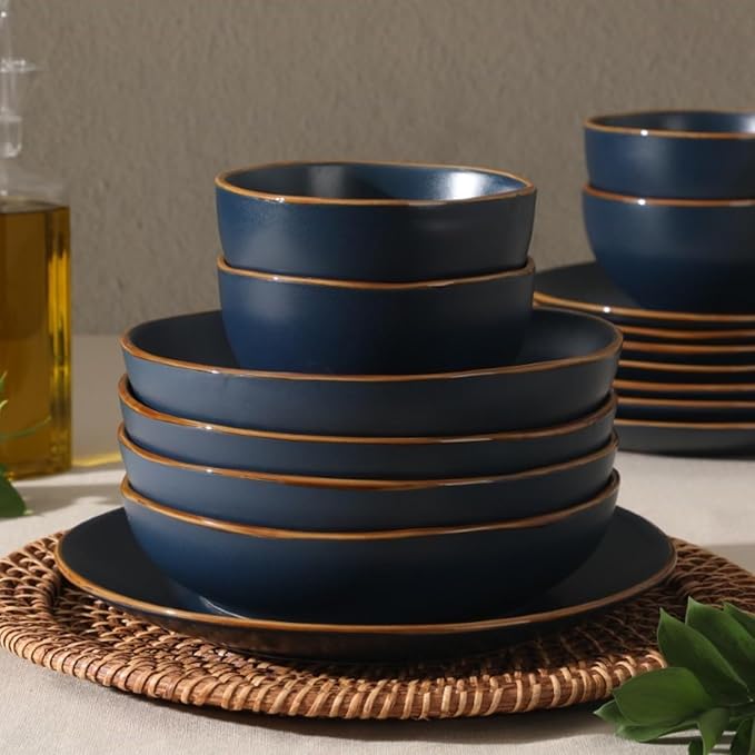 Gibson Home Hazeltine 16-Piece Navy Blue Stoneware Dinnerware Set – Plates and Bowls Durable Ceramic Kitchen Dinner Set