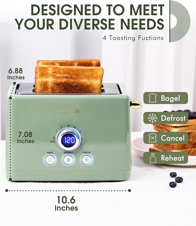 2 Slice Toaster Retro Bread Toaster with LED Display Extra Wide Slots Toasters with 6 Bread Shade Settings Bagel Cancel Defrost Function Stainless Steel with High Lift Lever Removal Crumb Tray