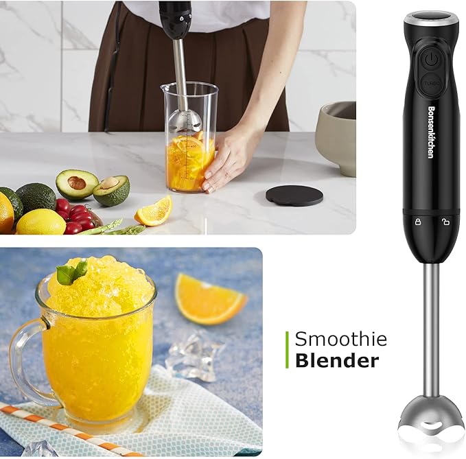 Immersion Hand Blender 12-Speed and Turbo Mode Hand Mixer 3-In-1 Stick Blender with Egg Whisk 24oz Beaker Emulsion Handheld Food Mixer For Smoothies Purée Sauce
