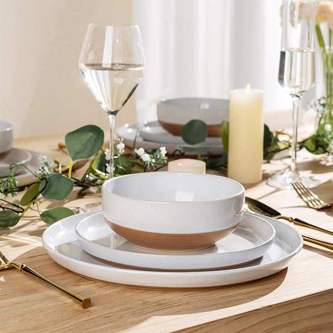 GBHOME 24-Piece Ceramic Dinnerware Set for 6 Handpainted Plates Pasta Bowls &amp Bowls Set with Rustic Terracotta Underside Scratch-Resistant Dishwasher &amp Microwave SafeSpeckled Glaze White