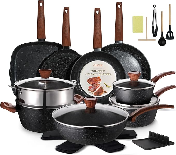 26Pcs Pots and Pans Nonstick Ceramic Cookware Set Nontoxic Kitchen Cooking Set with Steamers Utensils Induction Compatible PFAS/PFOA Free Oven and Dishwasher Safe Black