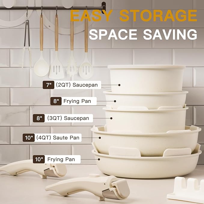 Astercook Ceramic Non-stick Cookware 21 Pcs Pots and Pans Set Detachable Handle RV Kitchen Non Stick Cooking Set Removable Handles Oven Safe Induction Ready Stackable Cream White