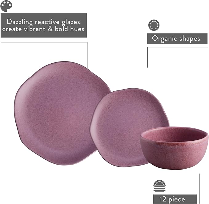Corona Dinnerware Set 12–piece Plates and Bowls Set Ceramic Sets for 4 Microwave and Dishwasher Safe Gulupa Reactive Glaze Bold &amp Matte Set.