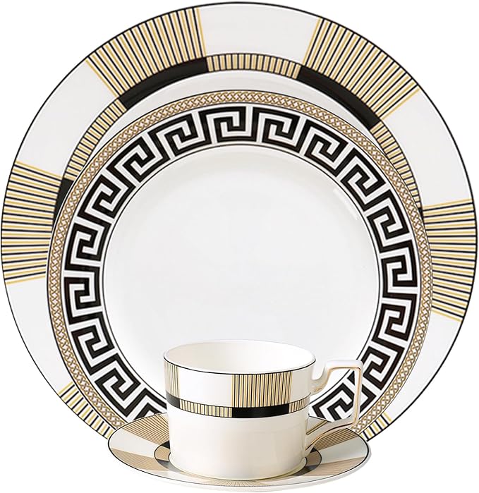 Luxury Dinnerware Set for 6 24 Pieces Black and Gold Striped Dishes Set with Teacup snd Saucer Bone China Plate Sets for Brunch Housewarming Anniversary Present