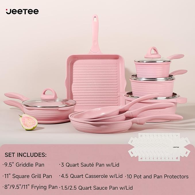 JEETEE Pink Pots and Pans Set Nonstick 23pcs Healthy Kitchen Cookware Sets Induction Cooking Set Pink Frying Pans Saucepans Sauté &amp Griddle &amp Crepe Pan (PFOA Free)