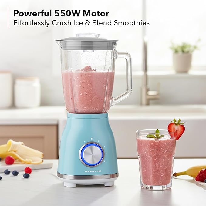 OVENTE Countertop Blender for Shakes and Smoothies with 550W Motor 50 Oz Glass Jar and Adjustable 4 Speed Settings Ideal for Frozen Fruit Drinks Puree Ice Crush Sauces and More Blue BLH2604LBL