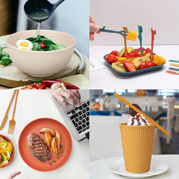 66 Pcs Dinnerware Sets Unbreakable Plates and Bowls Sets Reusable Dinnerware Sets for 6 People Travel Camping Picnic Home Party Cutlery Set Dishwasher Microwave Safe Dishes