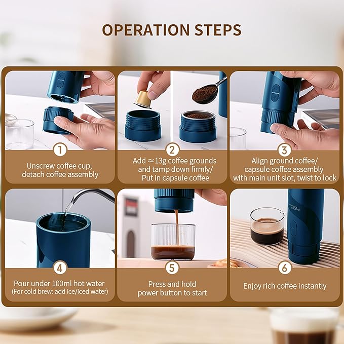 Magnavox HOME Portable Espresso Coffee Maker (Grounds or Pods) with Fast Brew Technology &amp Single Touch Control Ideal for Offices or Travel