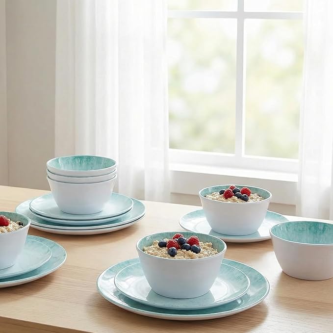 Melamine Dinnerware Set – 4 Dinner Plates 4 Salad Plates 4 Cereal Bowls – Shatterproof Lightweight &amp Stylish for Everyday Dining Outdoor Camping and RV Use
