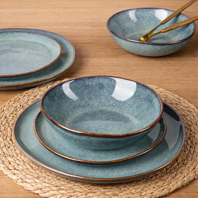 AmorArc Ceramic Dinnerware SetsHandmade Reactive Glaze Stoneware Plates and Bowls SetsHighly Scratch Resistant | Dishwasher &amp Microwave Safe Dishes SetService for 4 (12pc)