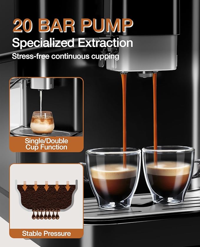 CABIHOME Fully Automatic Coffee Machine Espresso Maker with PID Temp Control 20 Bar Pressure Built-in Grinder &amp Milk Frother 1.5L Removable Tank Touch Display 5 One-Touch Drinks Black