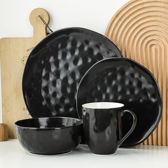 Stone Lain Ivy Stoneware 24 Piece Dinnerware Set Home Kitchen Dish Set with Dinner Plates Salad Plates Bowls &amp Mugs - Service for 6 Black