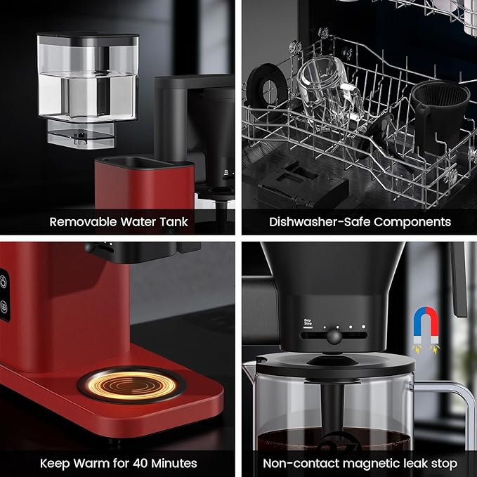 Kismile 8 Cup Drip Coffee Maker Machine Pour Over Coffee Brew with 3s Instant Heat 197-205℉ Removable Water Tank Adjustable Flow Control Deep Cold Brew &amp Keep Warm 40 Min Easy to Clean (Red)
