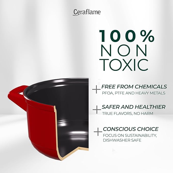 Pure Ceramic Healthy Non Toxic Cookware Set - Oven Safe Up to 1200F Microwave and Dishwasher Safe Longlasting and Lightweight - PFAS PTFE PFOA PFOS - Tomato Red