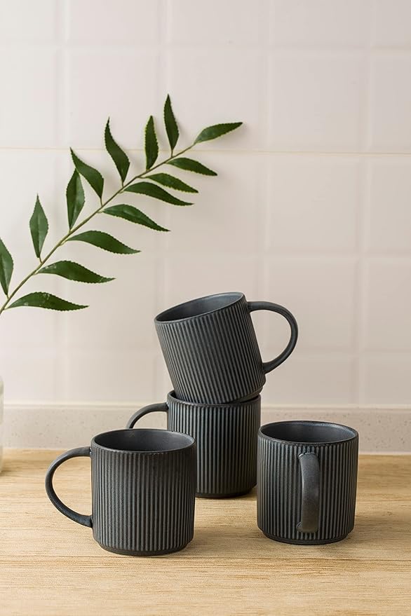 Famiware Dinnerware Set for 4 (12 Piece) and Coffee Mug Set for 4 (12 oz) - Matte Dark Charcoal