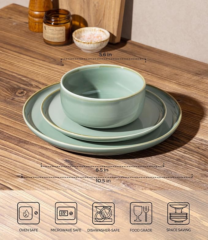TheTerra Ceramic Dinnerware Sets for 4 12 Pieces Handmade Reactive Glaze Plates and Bowls Set Scratch Resistant Dish Set Oven &amp Microwave &amp Dishwasher Safe Eucalyptus