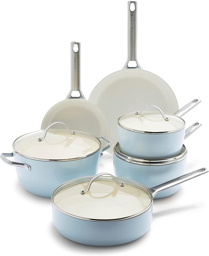 GreenPan Padova Hard Anodized Healthy Ceramic Nonstick 10 Piece Cookware Pots and Pans Set PFAS-Free Dishwasher Safe Light Blue