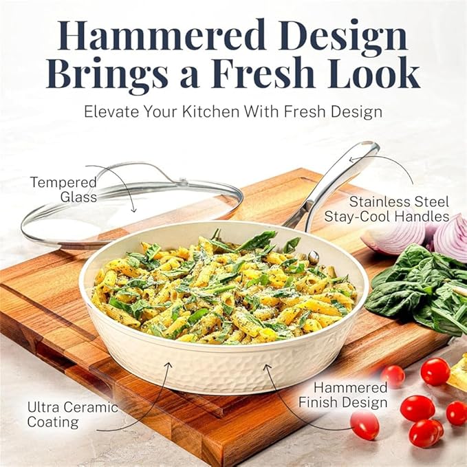 Hammered 15 Pc Ceramic Pots and Pans Set Non Stick Pots and Pan Set Dishwasher Safe Cream White Steel Cookware Sets Kitchen KitA15 Pc Cookware Set